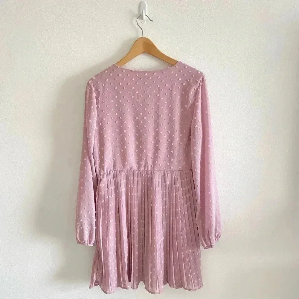 Lulus Poetic Love Mauve Swiss Dot Long Sleeve Pleated Mini Dress - Picture 9 of 13